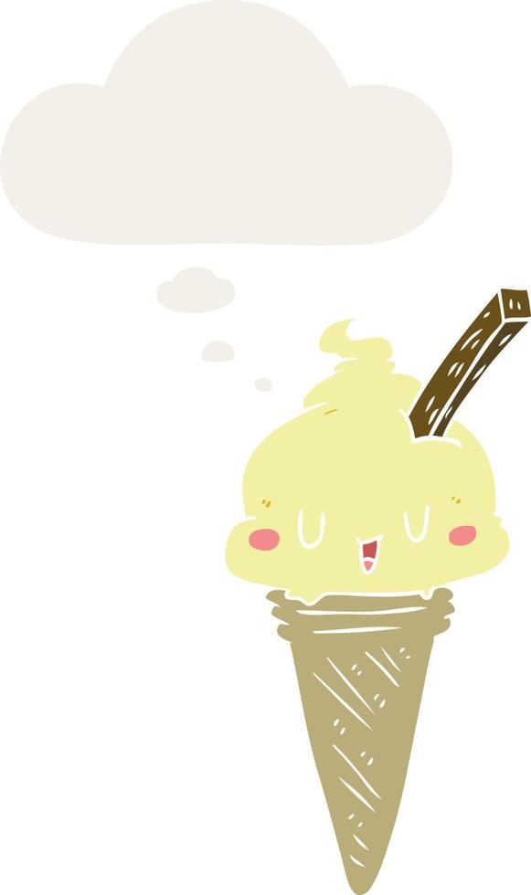 cute cartoon ice cream and thought bubble in retro style vector