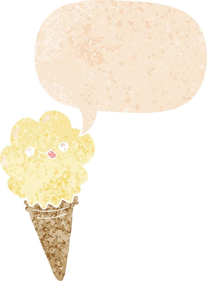 cartoon ice cream and speech bubble in retro textured style vector