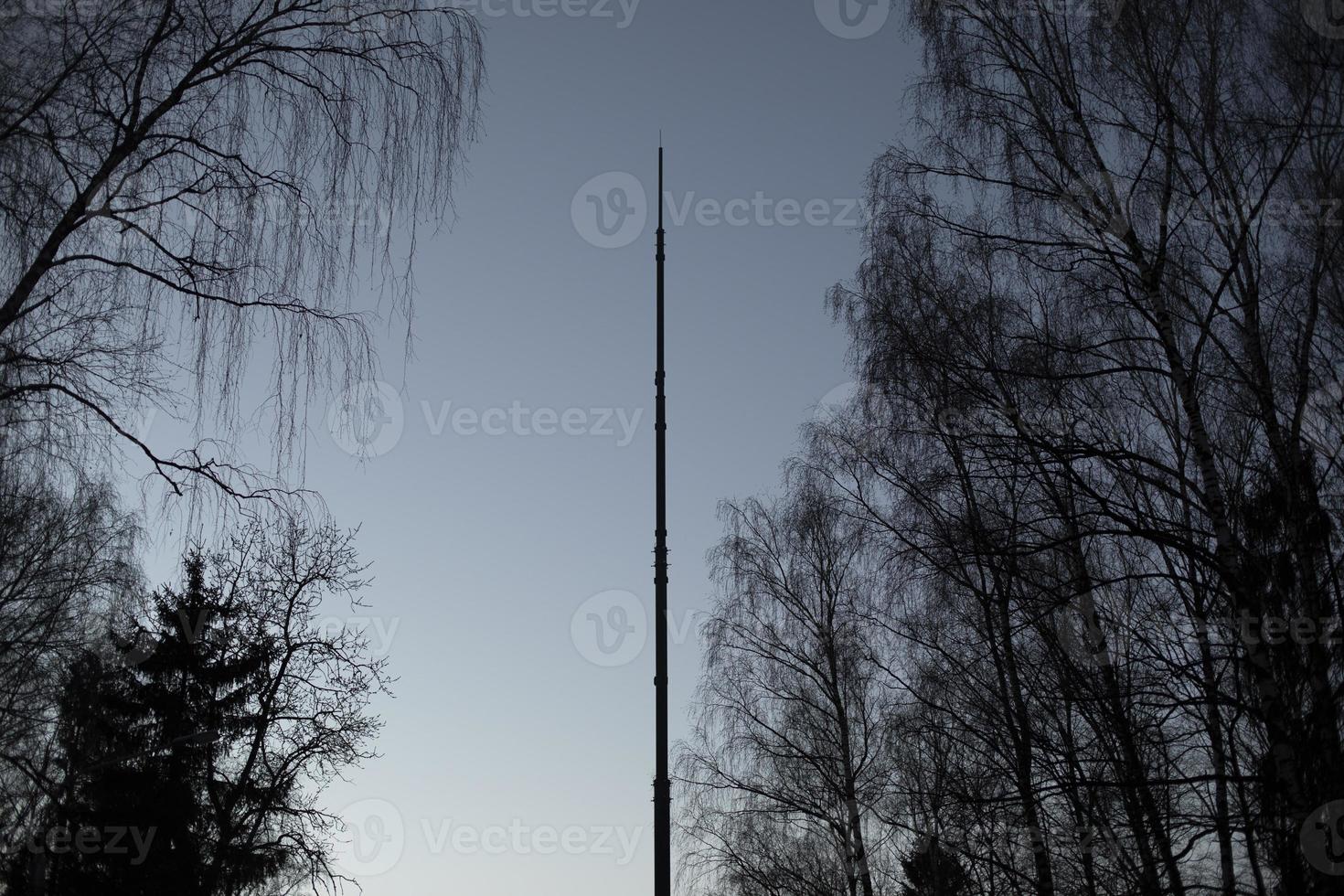 Communication antenna among trees. Pillar of great height. photo