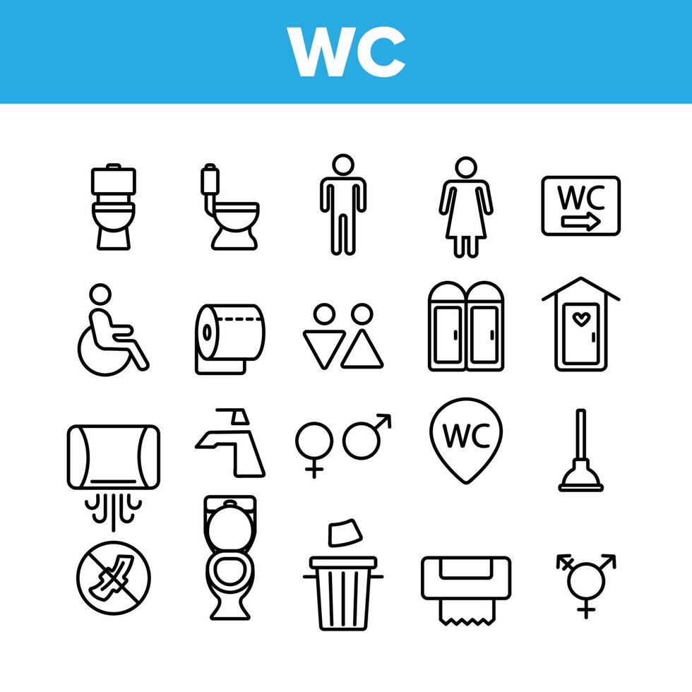 wc, baño público, conjunto de iconos lineales vectoriales de inodoro vector