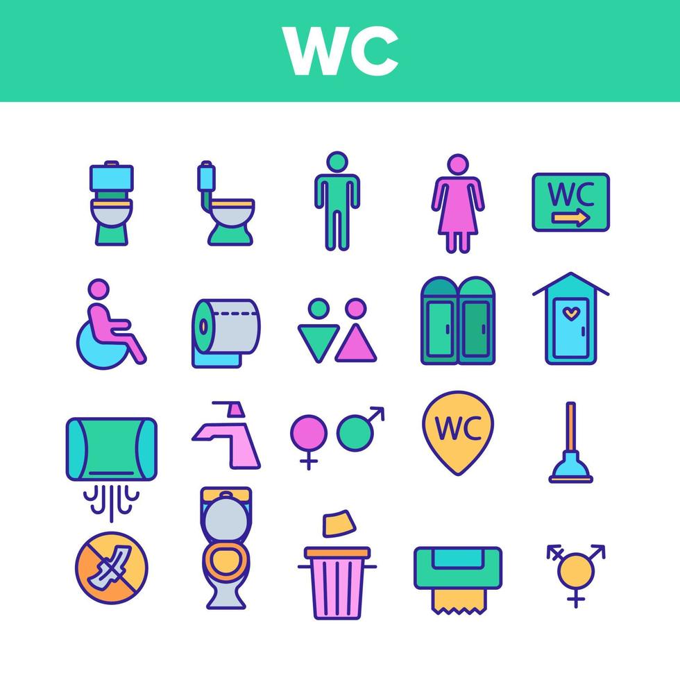 WC, Public Bathroom, Toilet Vector Linear Icons Set