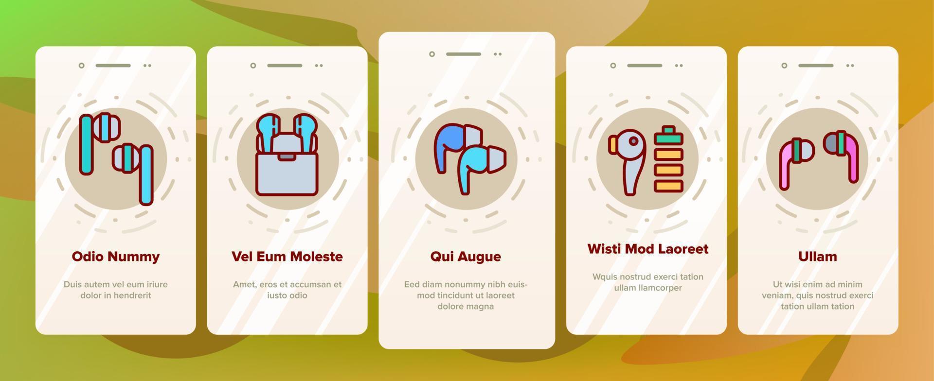 Wireless Earbuds Stereo Device Onboarding Icons Set Vector