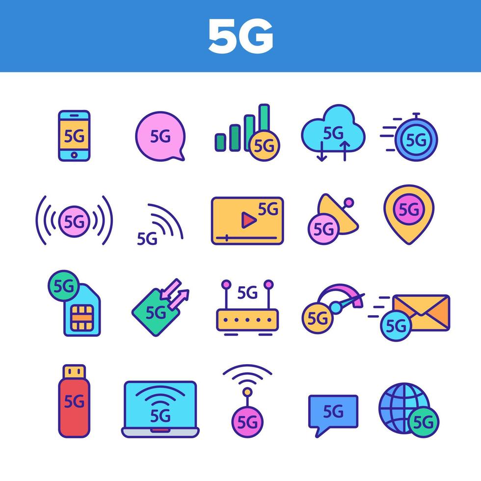 5G Fast Network, Connection To Website Vector Icons Set