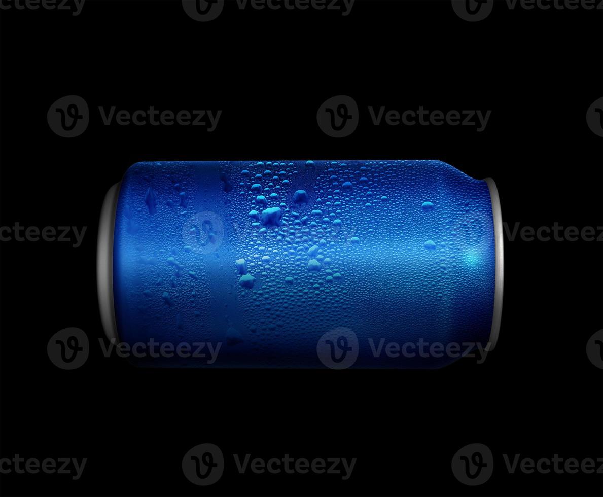 Concept of thirst and quenching thirst. Blue metal can with cola or beer. Drops of condensation on the surface photo