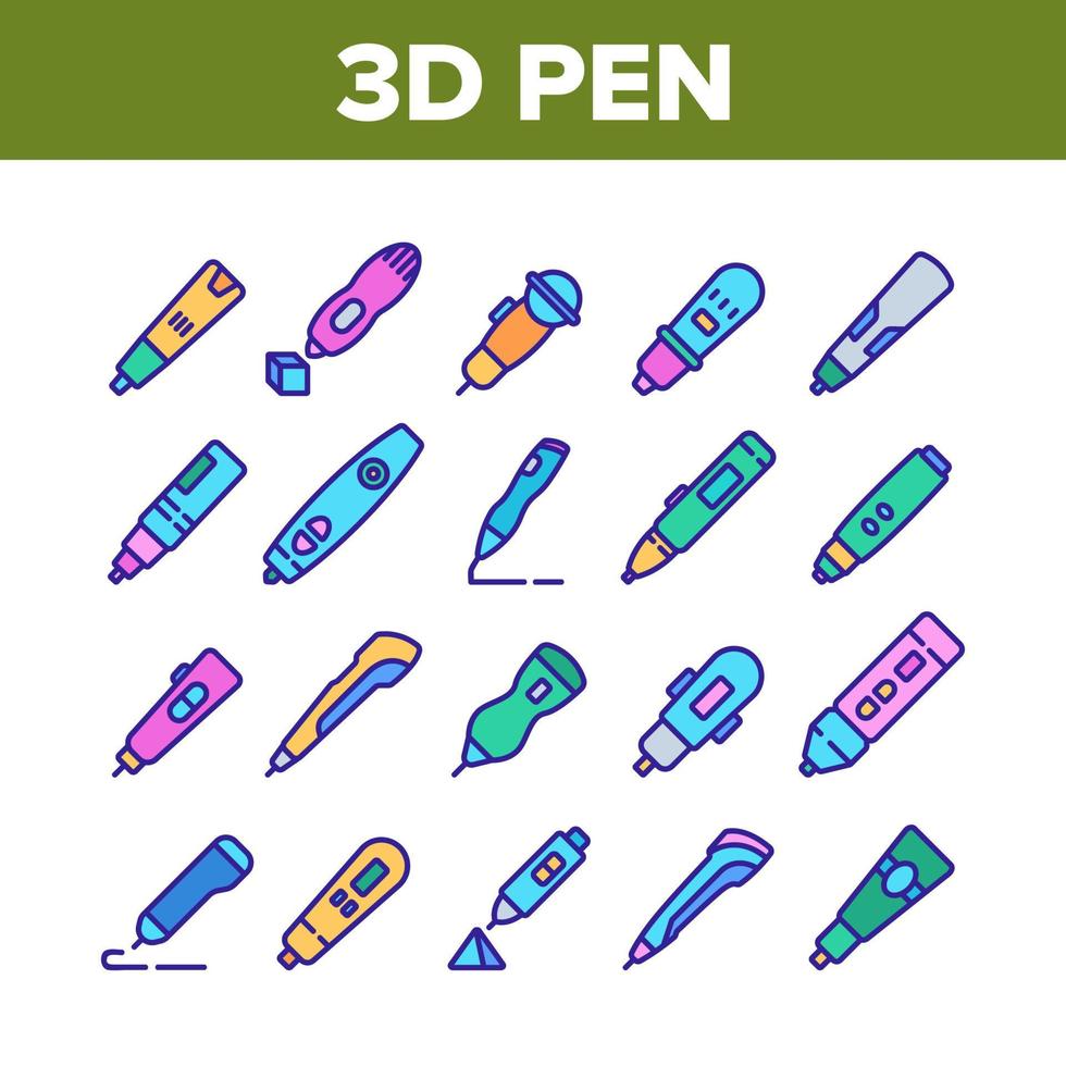 3d Pen Printing Gadget Collection Icons Set Vector
