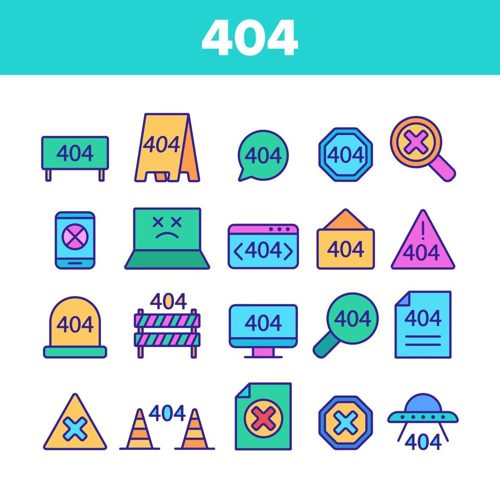 Color 404 HTTP Error Message Vector Linear Icons Set