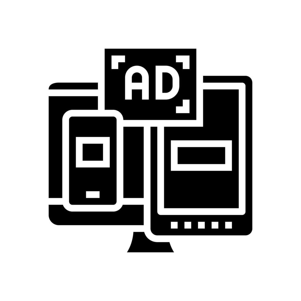 ad on computer phone and tablet display glyph icon vector illustration