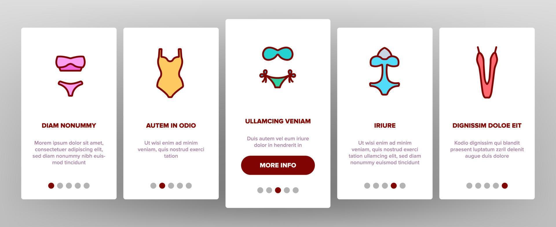 traje de baño mujer ropa onboarding iconos establecer vector