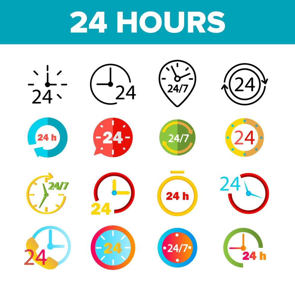 24 Hours, Clock, Time Vector Color Icons Set