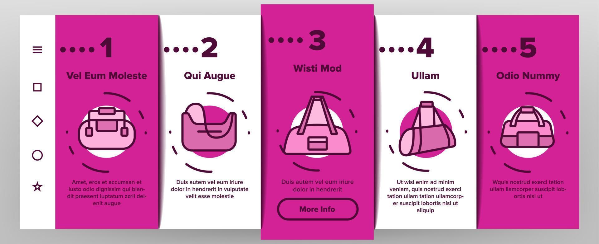 Gym Bag Accessory Onboarding Icons Set Vector