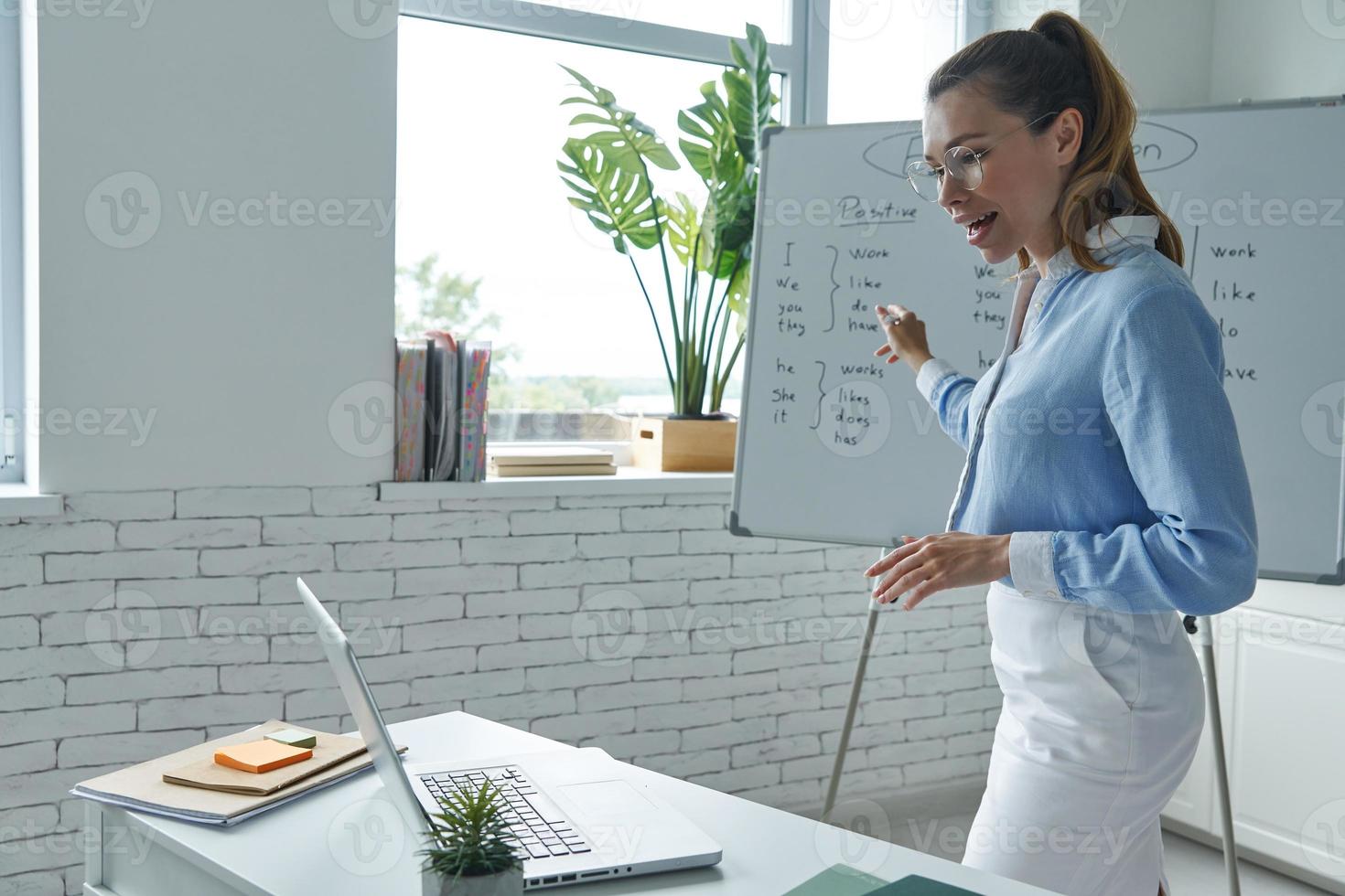 Confident female teacher pointing whiteboard while having web conference at the classroom photo