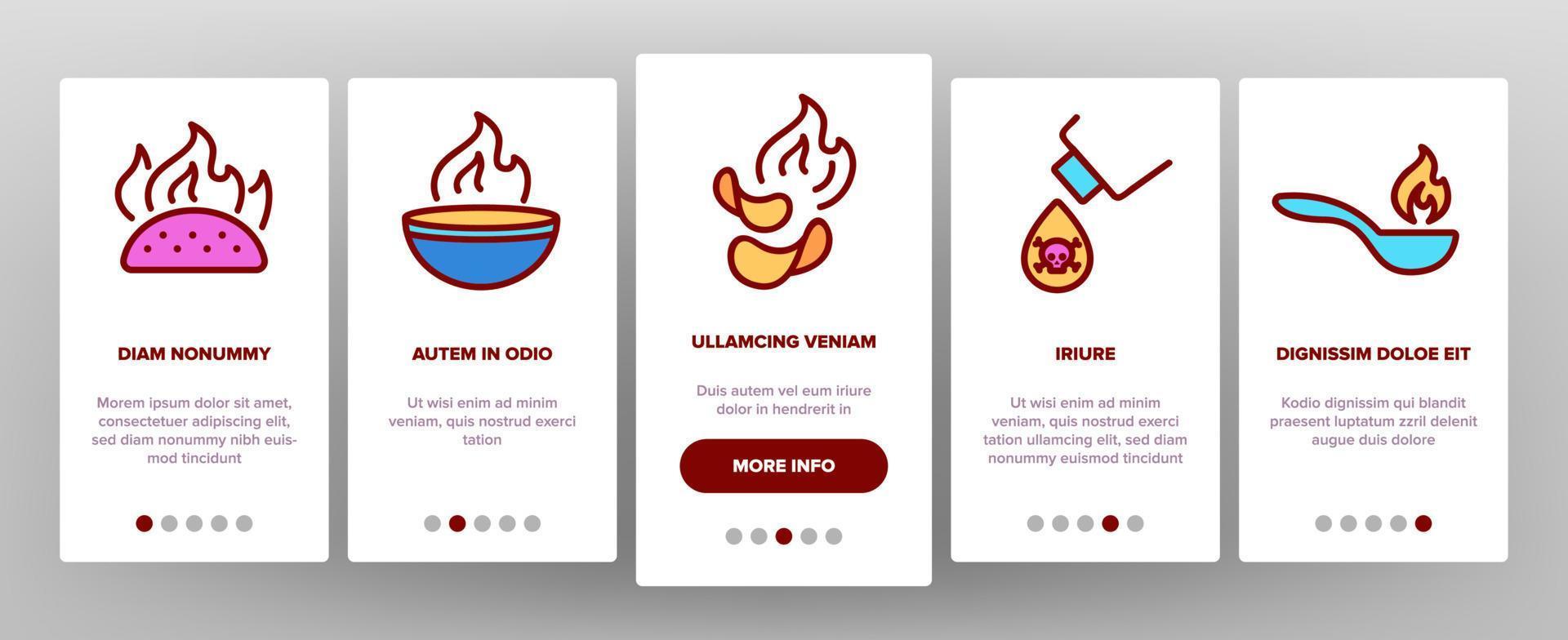 Spicy Sauce And Food Onboarding Icons Set Vector