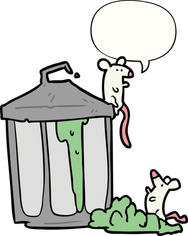 cartoon old metal garbage can and mice and speech bubble vector