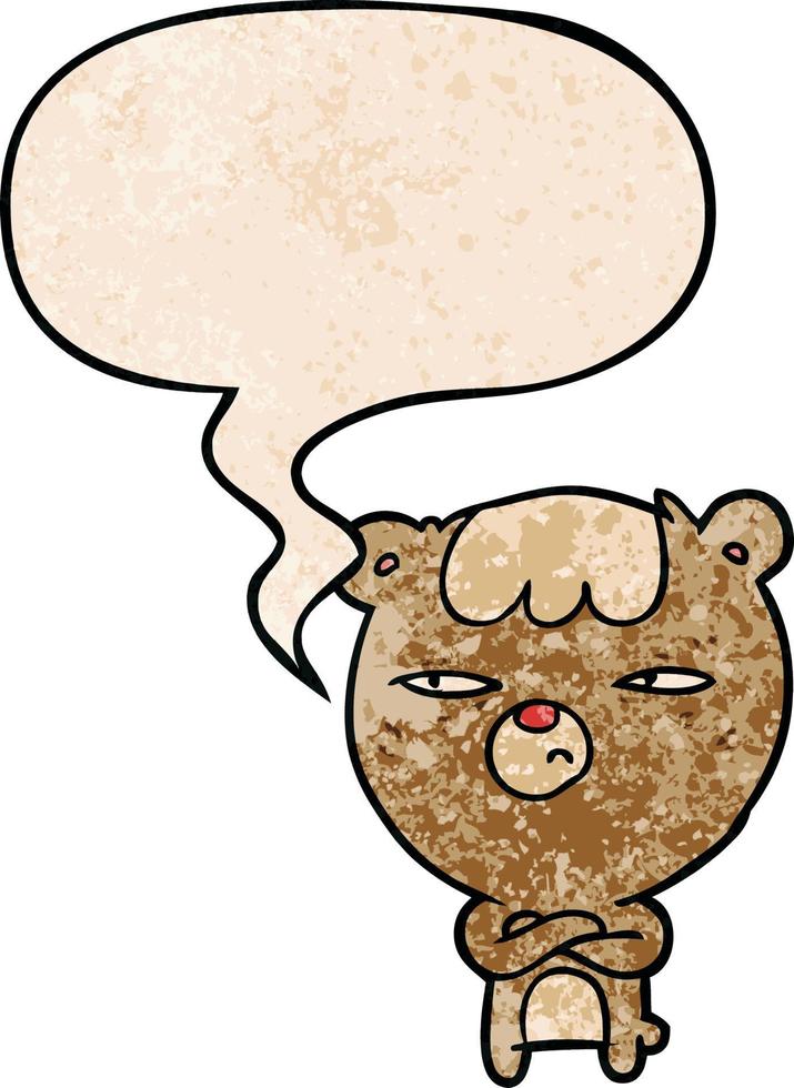 cartoon annoyed bear and arms crossed and speech bubble in retro texture style vector