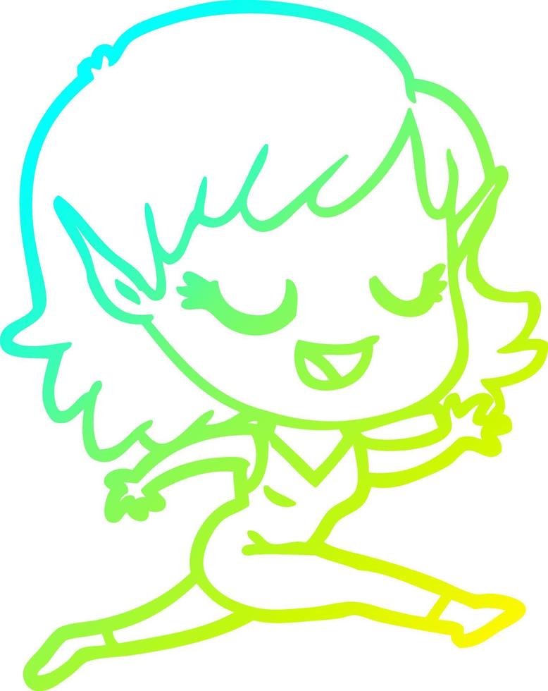 cold gradient line drawing happy cartoon elf girl running vector