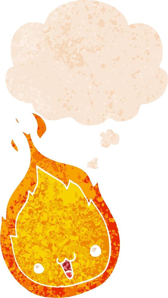 cute cartoon flame and thought bubble in retro textured style vector
