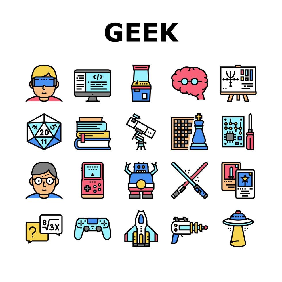conjunto de iconos de colección geek, nerd y gamer vector