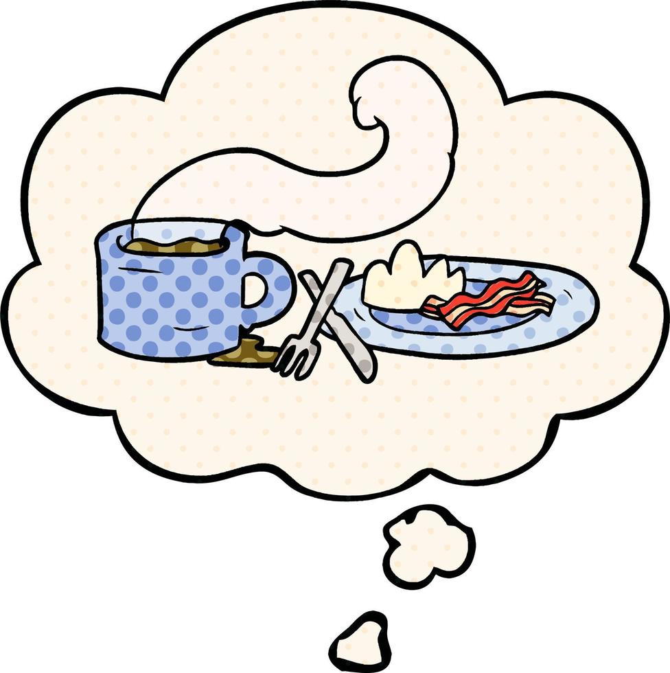 cartoon breakfast and thought bubble in comic book style vector