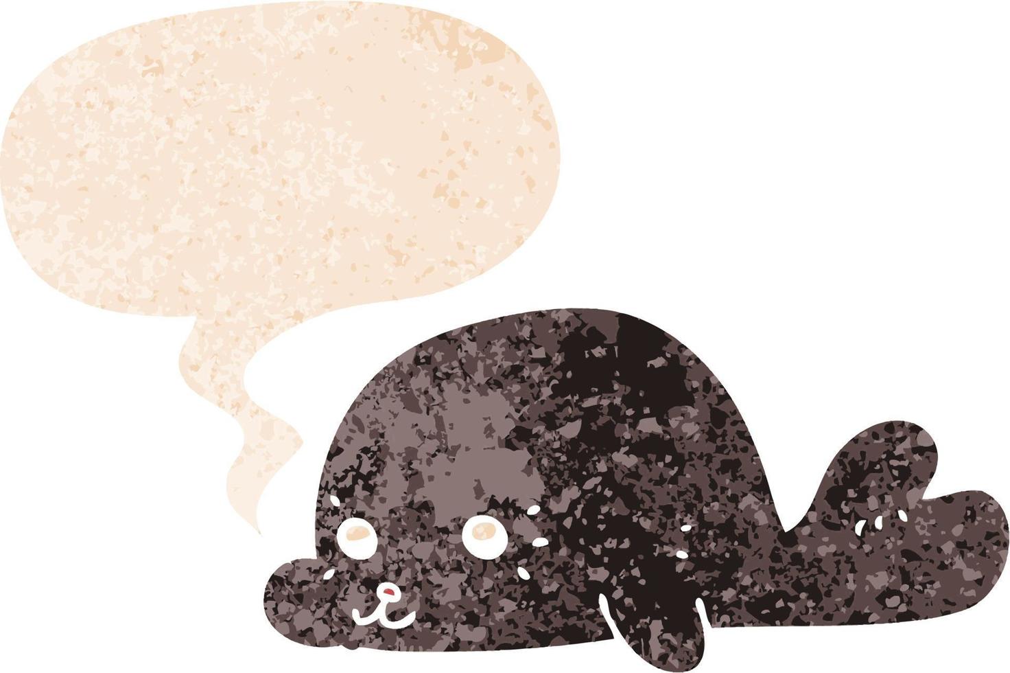 cartoon baby seal and speech bubble in retro textured style vector