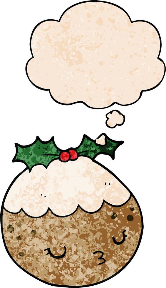 cute cartoon christmas pudding and thought bubble in grunge texture pattern style vector