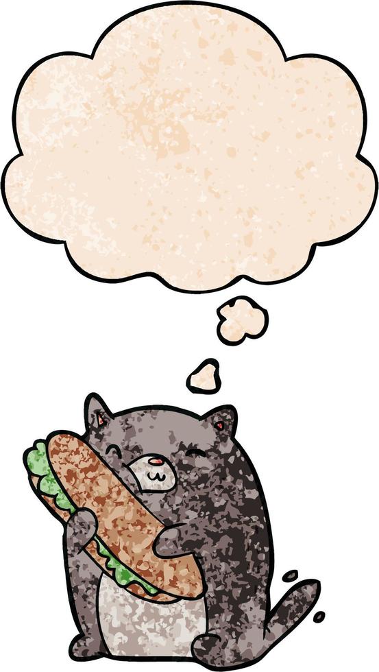 cartoon cat with sandwich and thought bubble in grunge texture pattern style vector