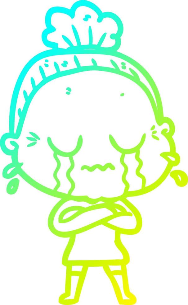 cold gradient line drawing cartoon crying old lady vector