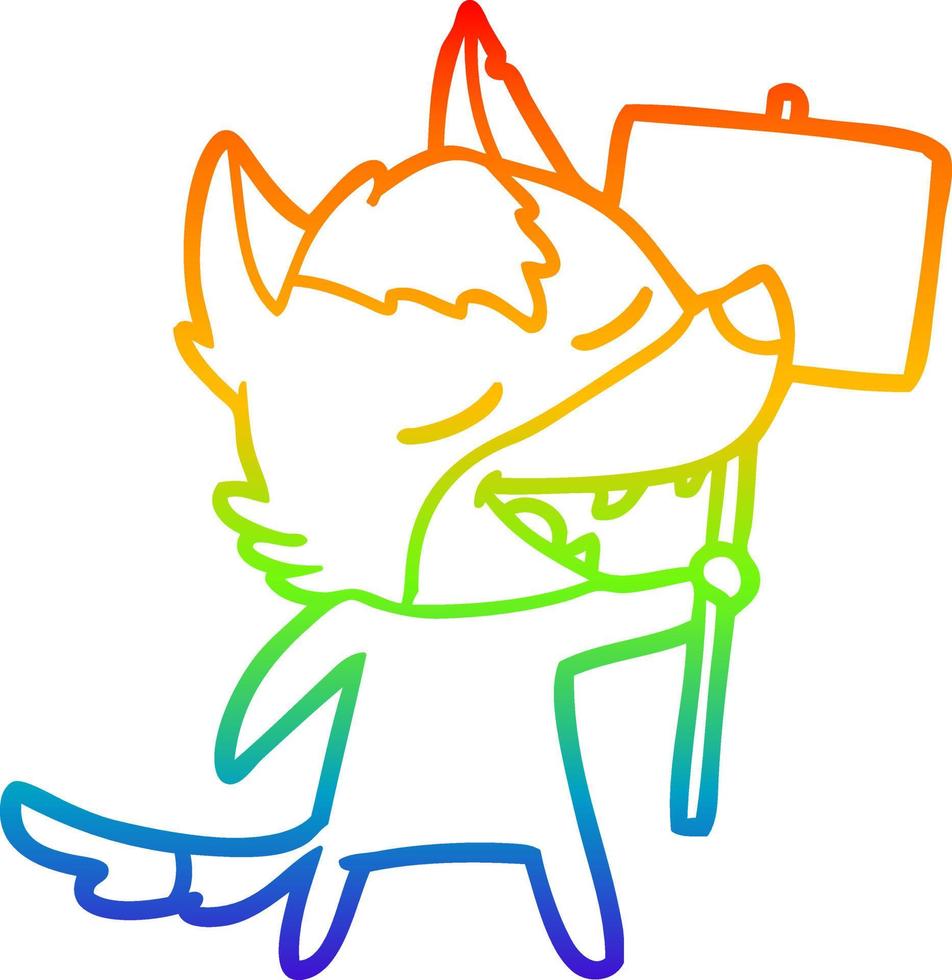 dibujo de línea de gradiente de arco iris lobo de dibujos animados riendo vector