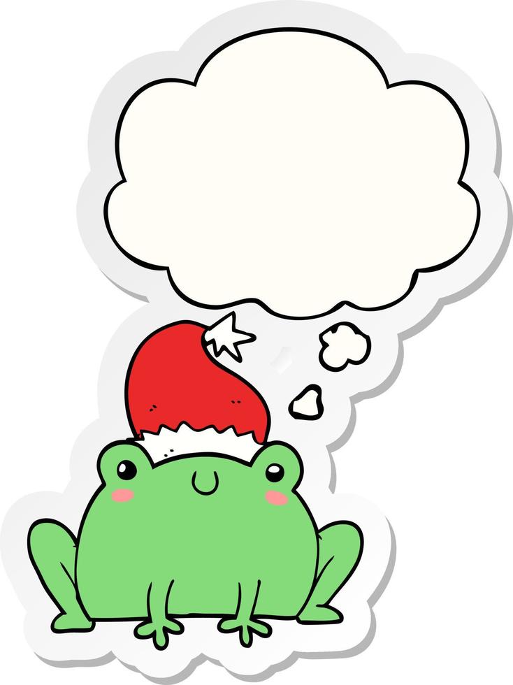 cute cartoon christmas frog and thought bubble as a printed sticker vector