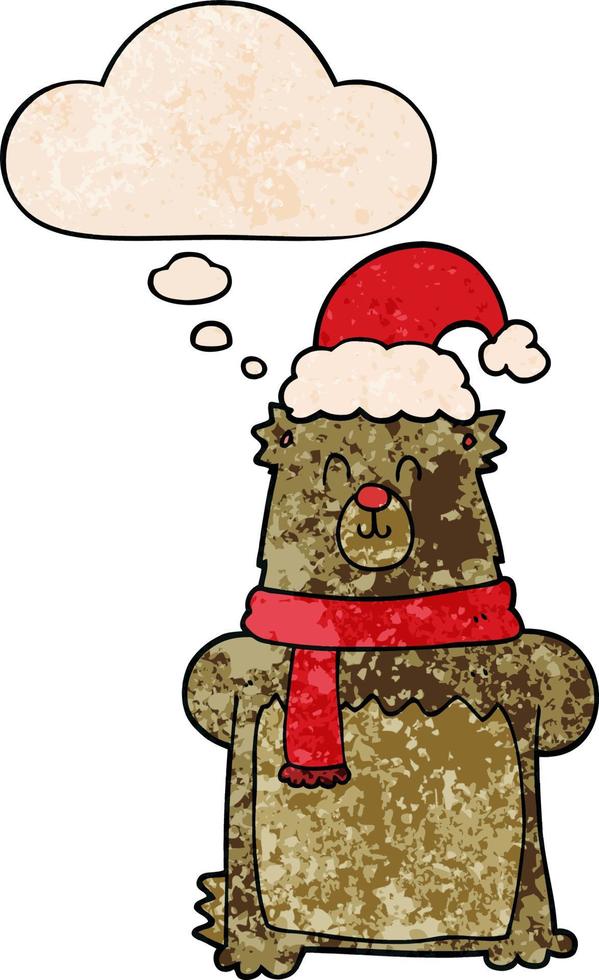 cartoon bear wearing christmas hat and thought bubble in grunge texture pattern style vector