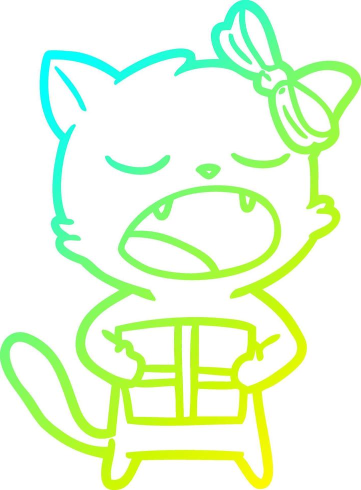 cold gradient line drawing cartoon cat with christmas present vector