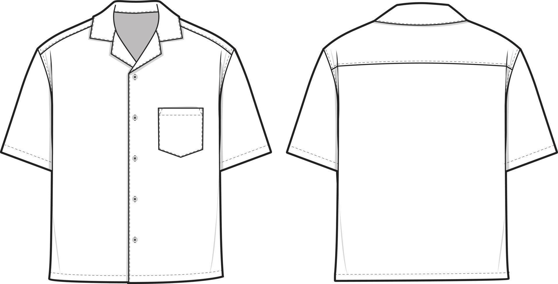 camisa de botón de campamento ilustración de dibujo técnico plano de manga corta plantilla de maqueta en blanco para diseño de moda y paquetes tecnológicos boceto técnico cad vector