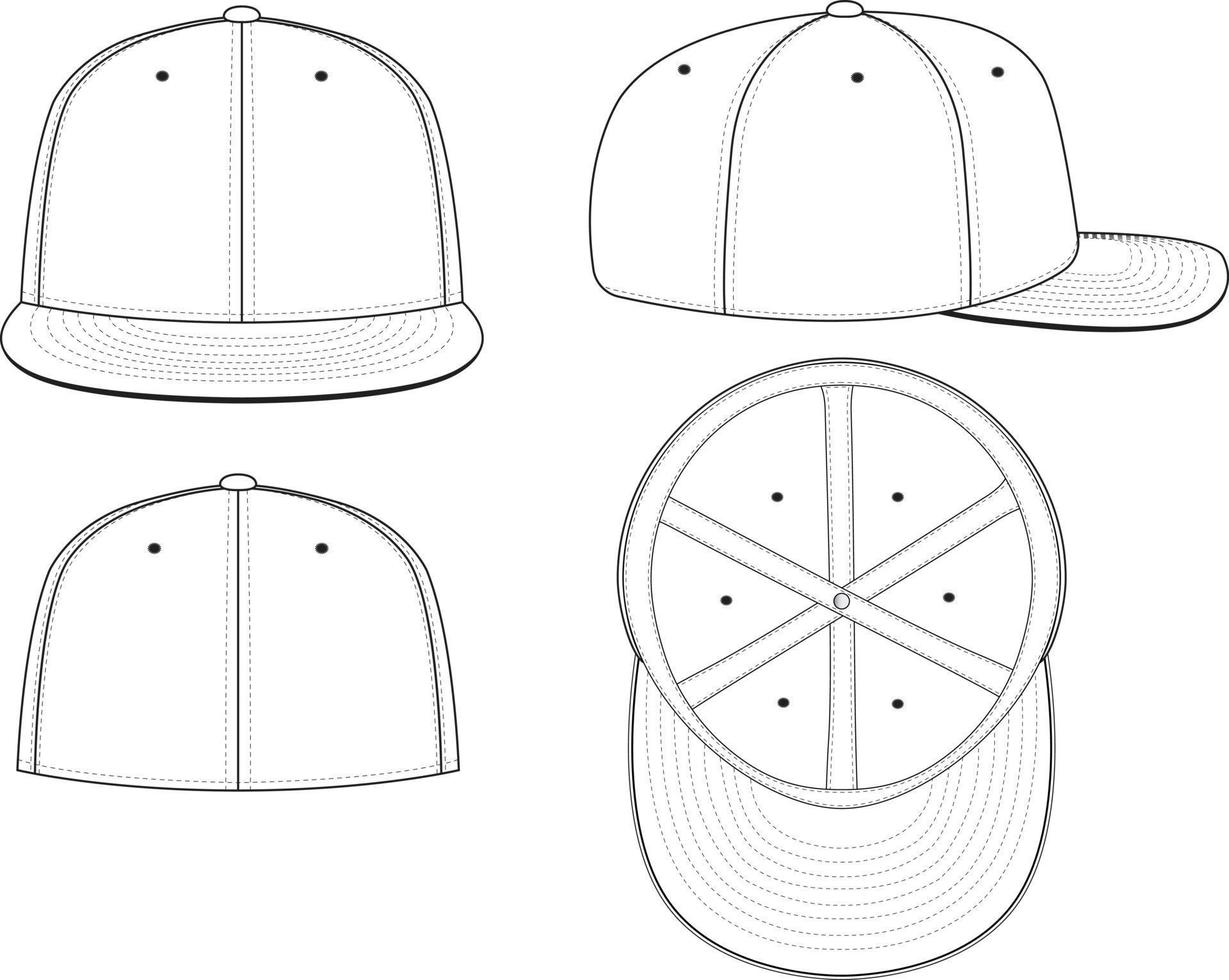 Fitted Cap Hat Vector Technical Drawing Illustration Blank Streetwear Mock-up Template for Design and Tech Packs CAD Brim Baseball Hat