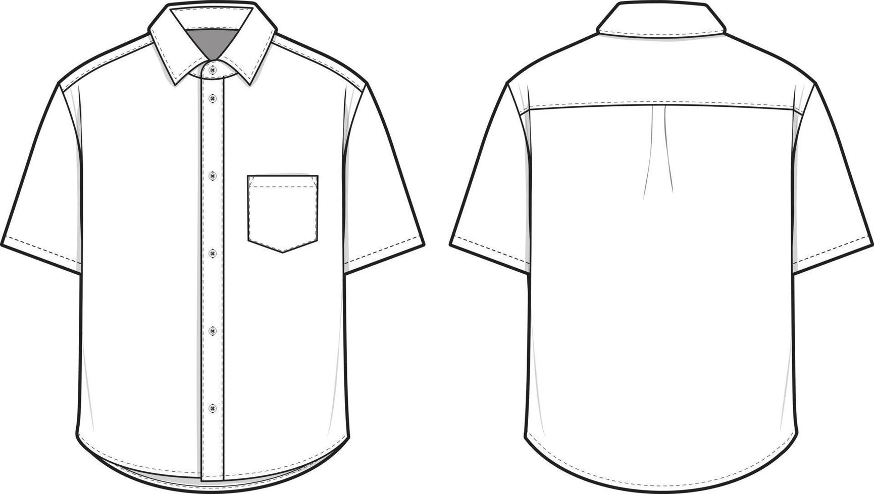 Oxford Collared Button Shirt Short Sleeve Flat Technical Drawing Illustration Blank Mock-up Template for Design and Tech Packs CAD vector