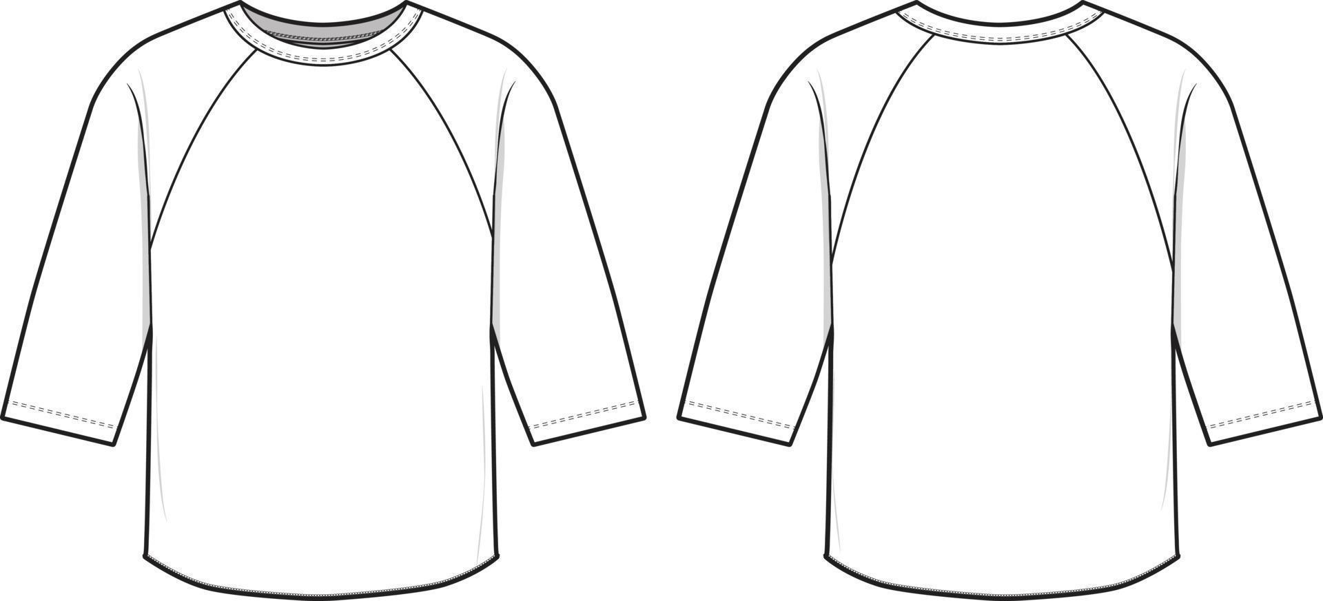 camiseta de manga raglán ilustración de dibujo técnico plantilla de maqueta de ropa de calle en blanco de manga corta para paquetes de diseño y tecnología. vector