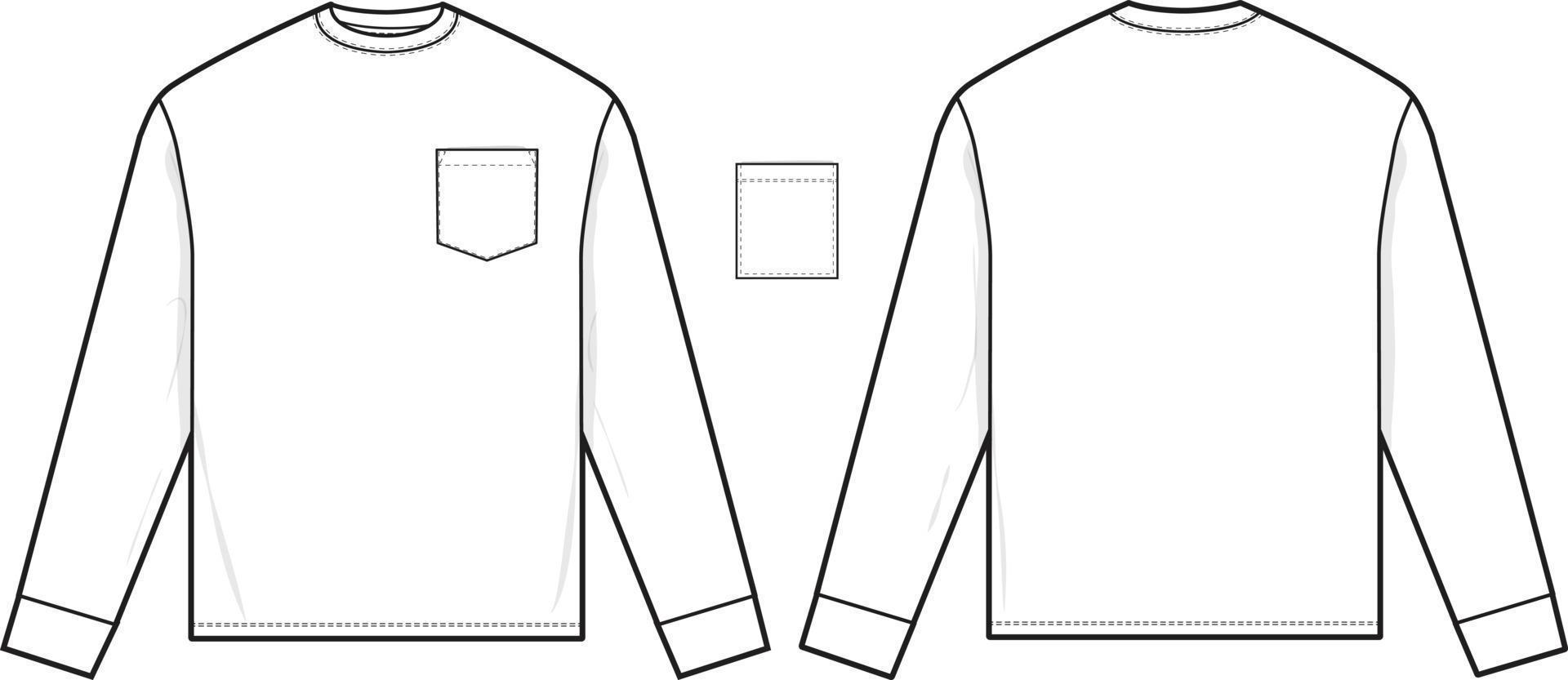 Long sleeve pocket t-shirt flat technical drawing illustration short sleeve blank streetwear mock-up template for design and tech pack men unisex women vector