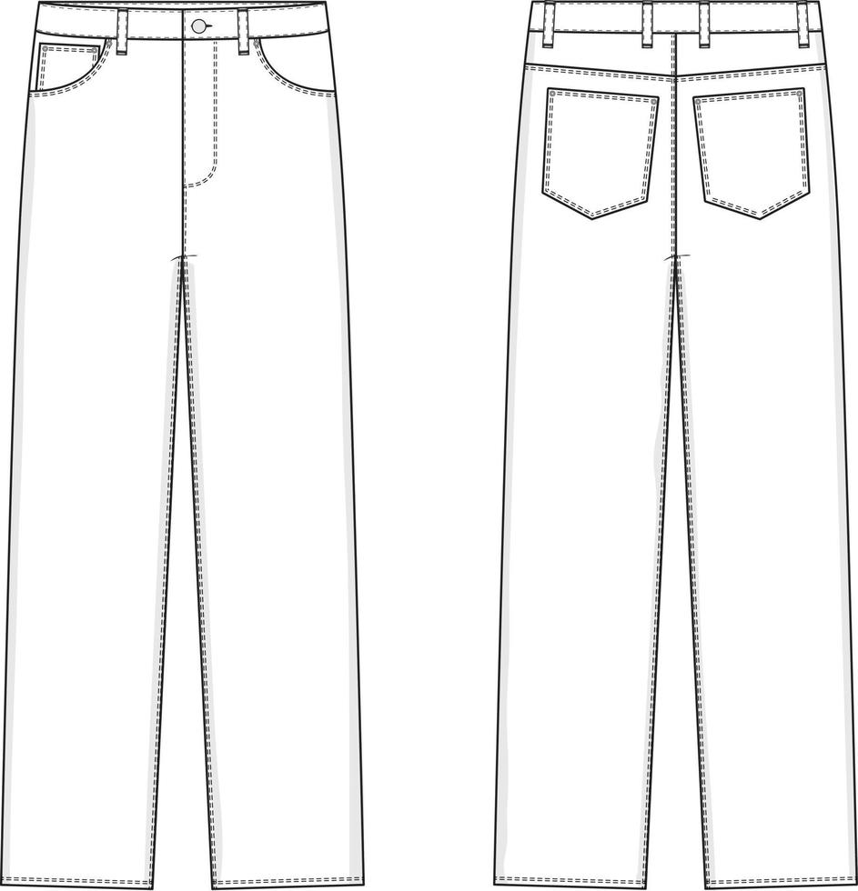 Straight Leg Jeans Flat Technical Drawing Illustration Five Pocket Classic Blank Streetwear Mock-up Template for Design and Tech Packs CAD vector