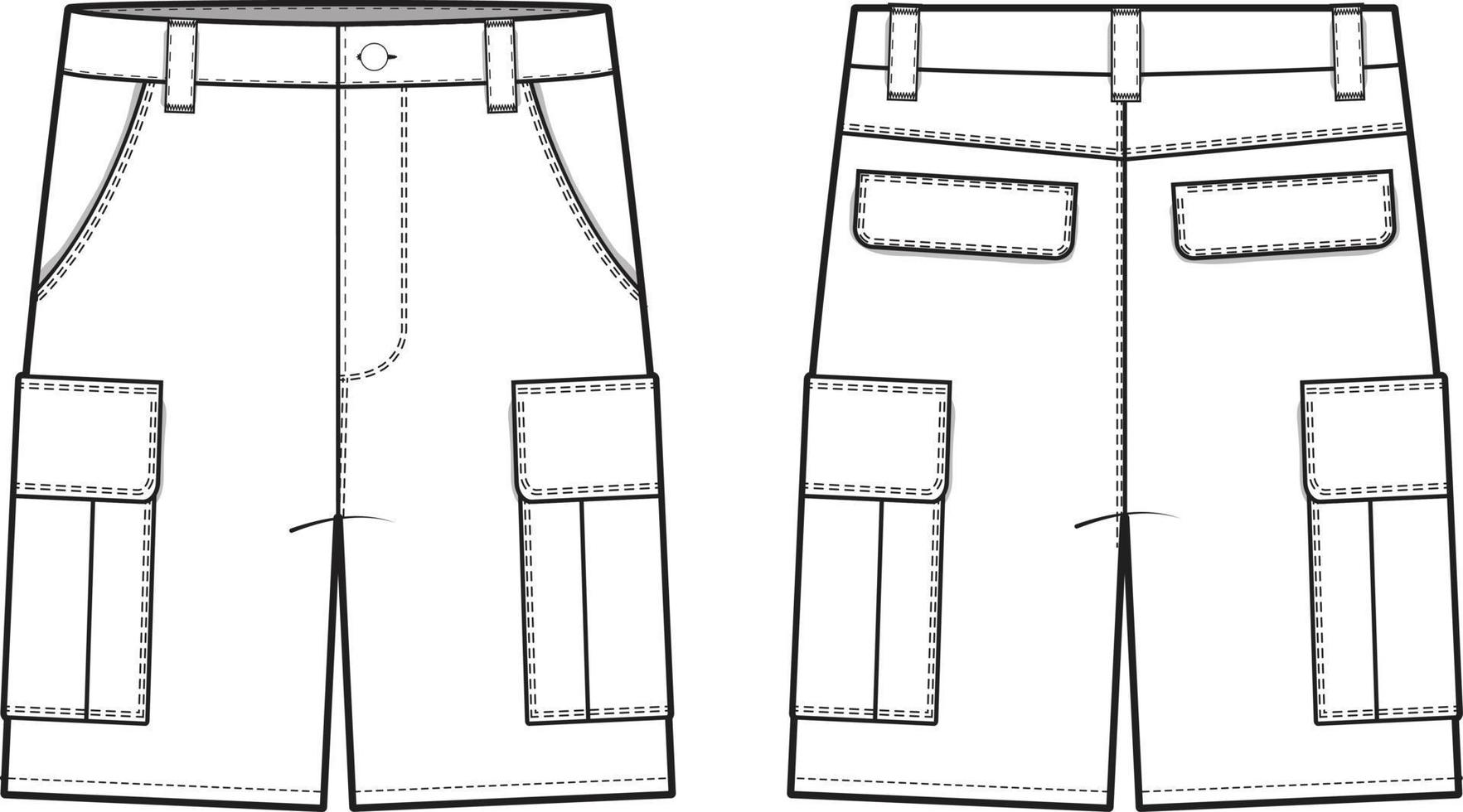 Cargo Shorts Flat Technical Drawing Illustration Five Pocket Classic Blank Streetwear Mock-up Template for Design and Tech Packs CAD Outdoor vector