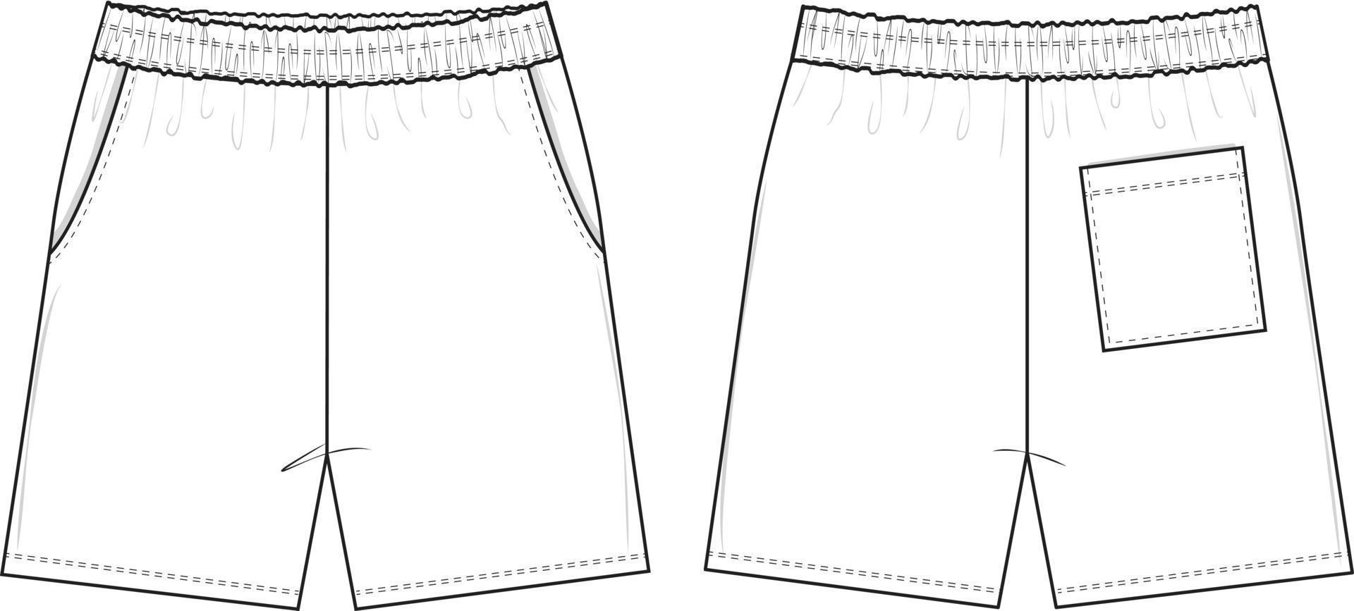 pantalones cortos elásticos ilustración de dibujo técnico plano plantilla de maqueta de streetwear en blanco para paquetes de diseño y tecnología cad con bolsillo trasero unisex vector