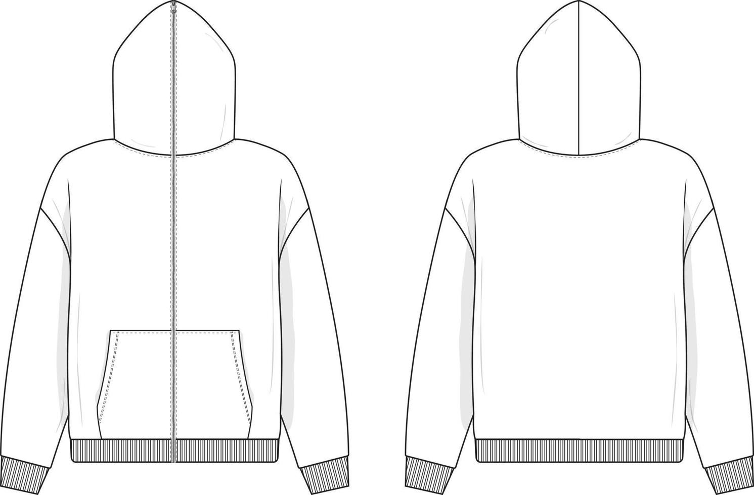Full zip hoodie sweatshirt flat technical drawing illustration mock-up template for design and tech packs men or unisex fashion CAD streetwear vector