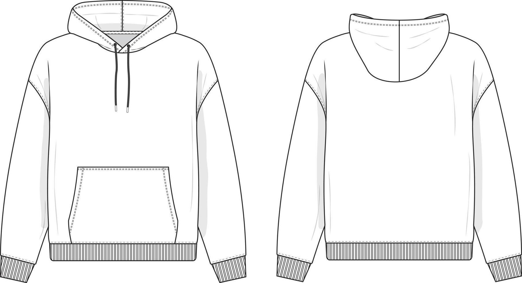 Hoodie sweatshirt flat technical drawing illustration mock-up template for design and tech packs men or unisex fashion. vector