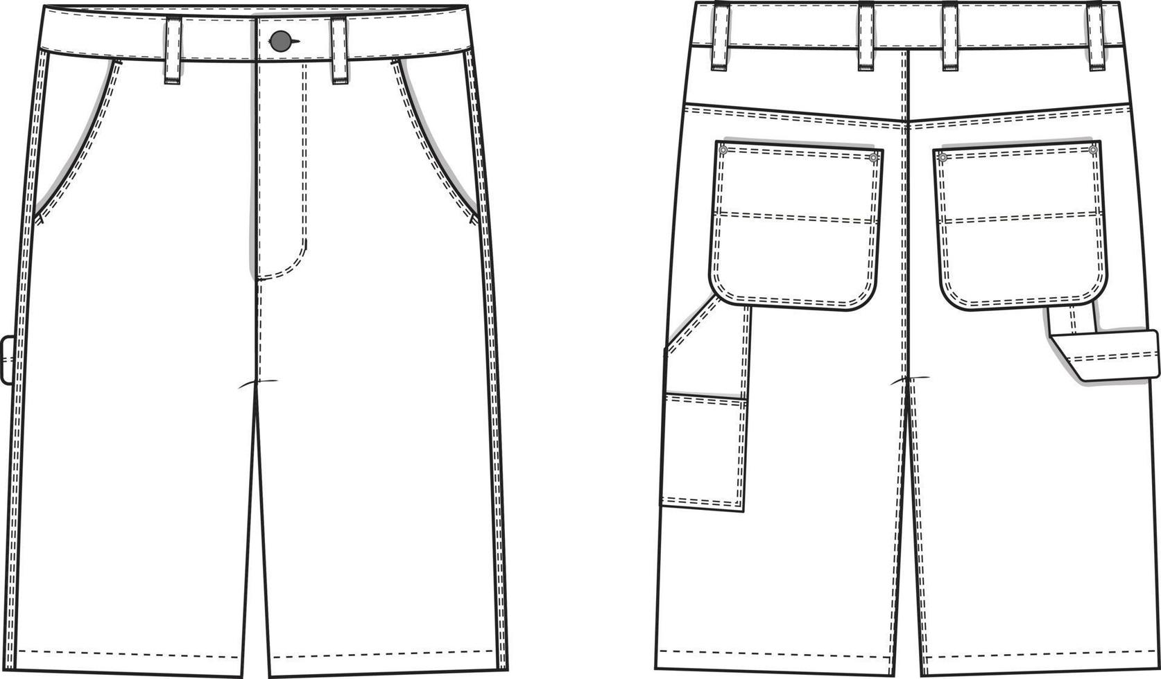 Carpenter Shorts Flat Technical Drawing Illustration Blank Workwear Streetwear Mock-up Template for Design and Tech Packs CAD Skate vector