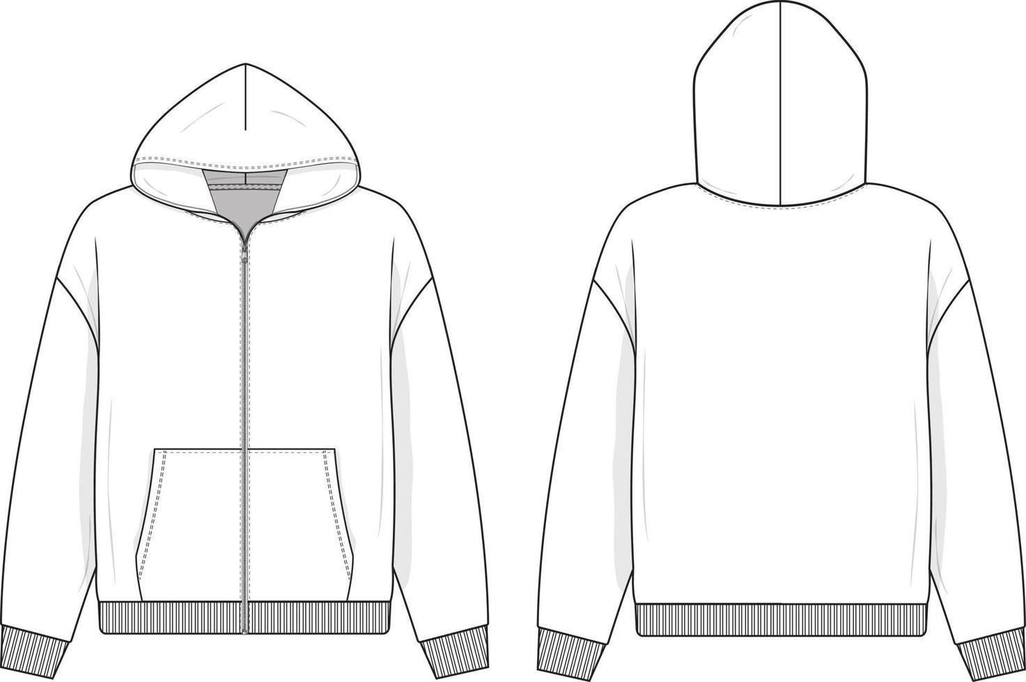 Zip hoodie sweatshirt flat technical drawing illustration mock-up template for design and tech packs men or unisex fashion CAD streetwear vector