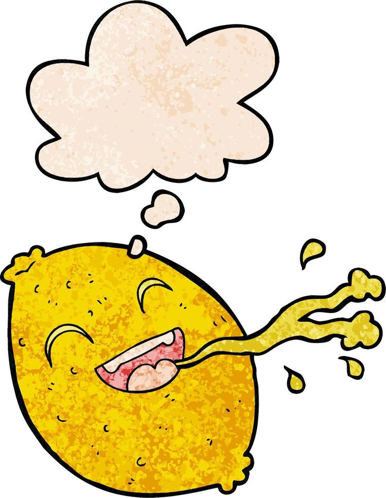 cartoon squirting lemon and thought bubble in grunge texture pattern style vector