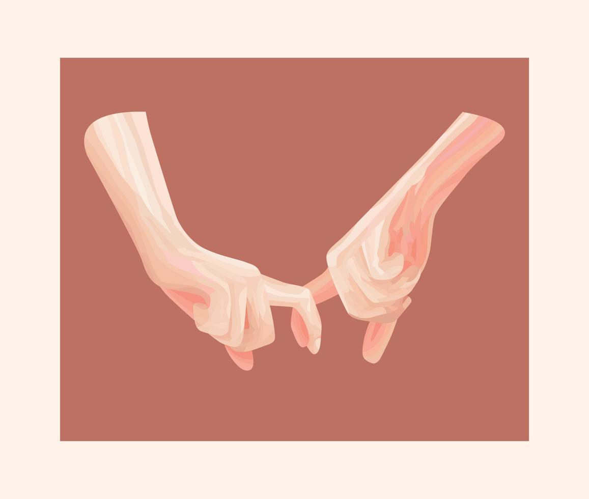 Two arms holding by little fingers. Close up body part. Love hands. Happy Valentines day. Flat design. Love soul gift concept Isolated. Brown background. Vector poster.