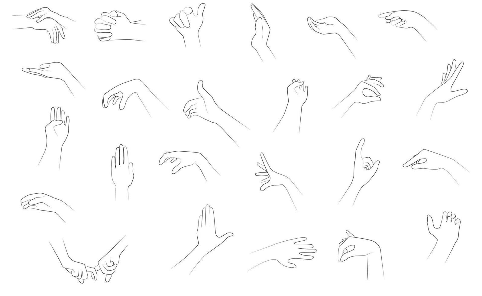 Minimalistic line illustration set of hands positions and gestures in black line on white background. vector