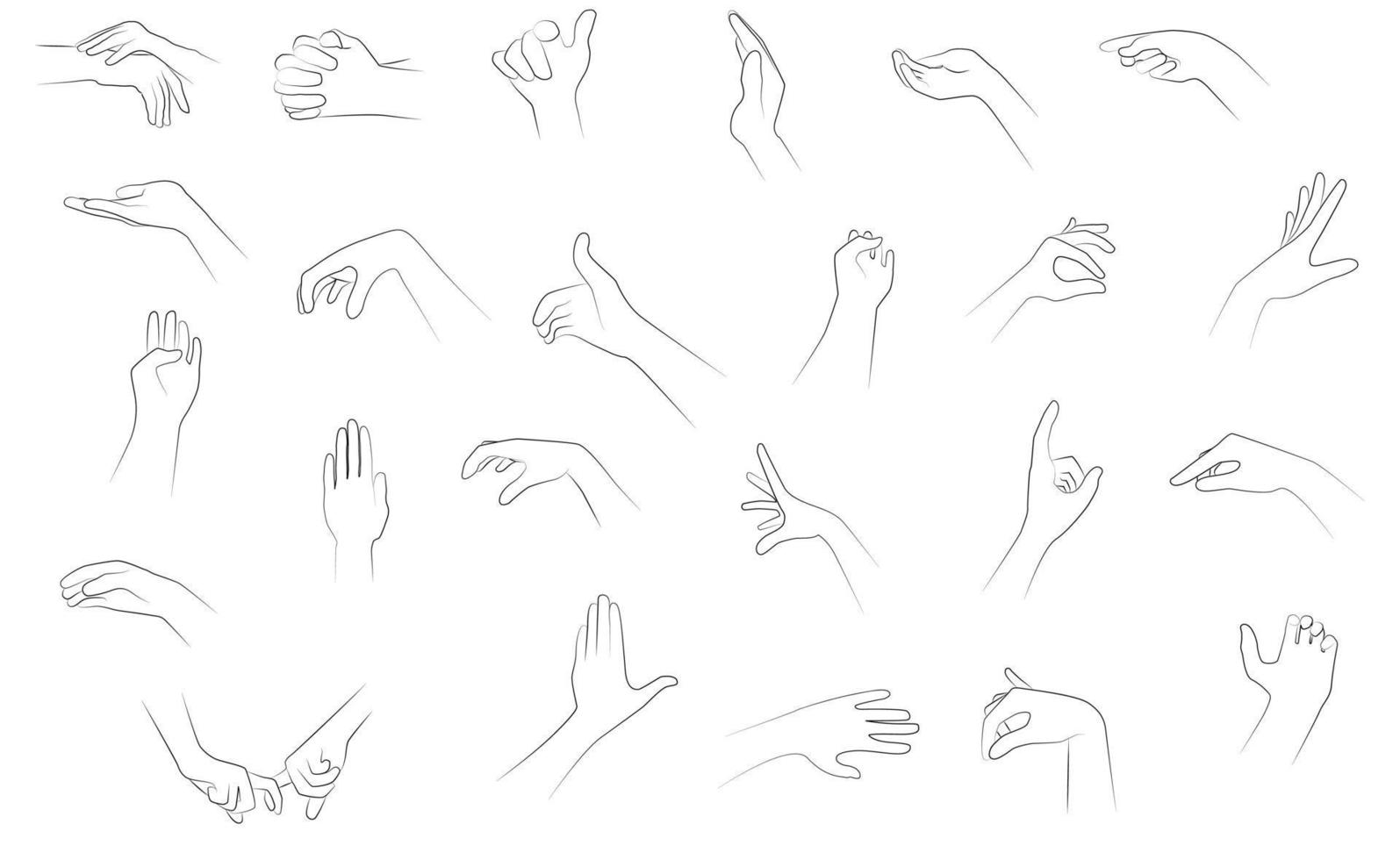 Minimalistic line illustration set of hands positions and gestures in black line on white background. vector