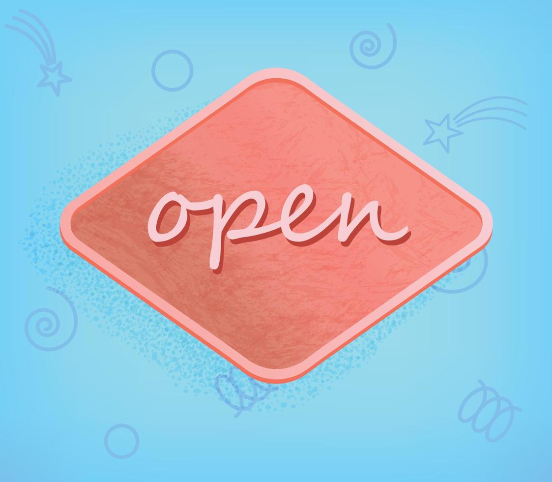 Vector banner with open word on red side on blue background. Open banner