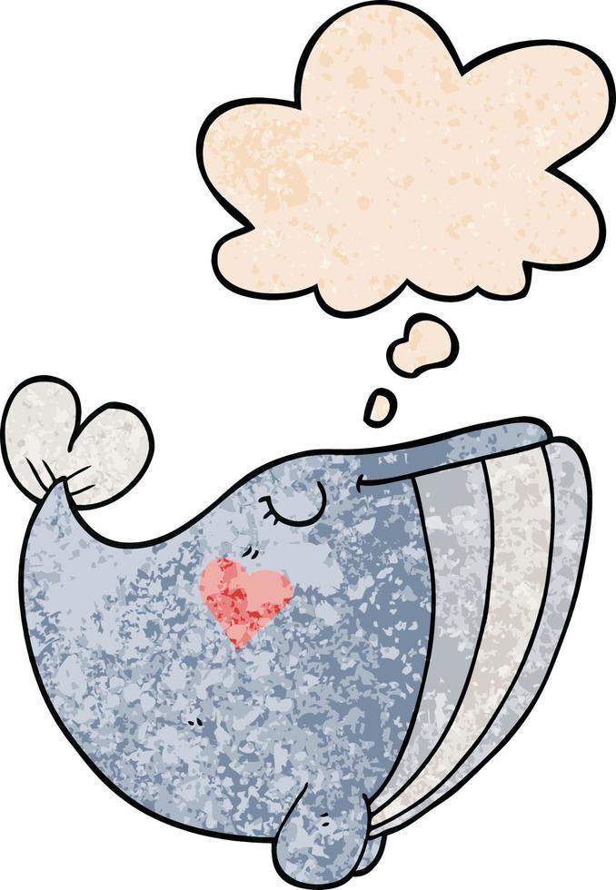 cartoon whale with love heart and thought bubble in grunge texture pattern style vector