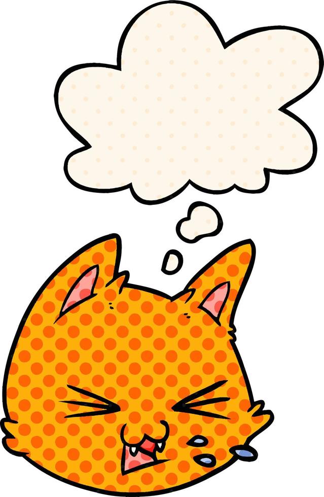 spitting cartoon cat face and thought bubble in comic book style vector