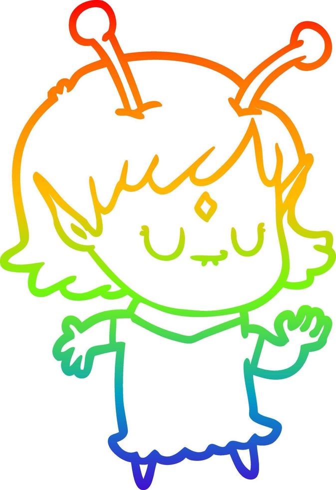 dibujo de línea de gradiente de arco iris chica alienígena de dibujos animados bailando vector
